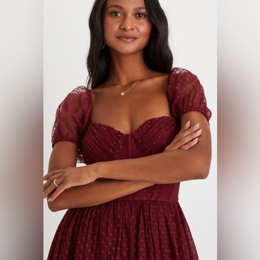 Lulus Sweet Amor Burgundy Tulle Swiss Dot Tiered Bustier Midi Dress - Picture 2 of 5